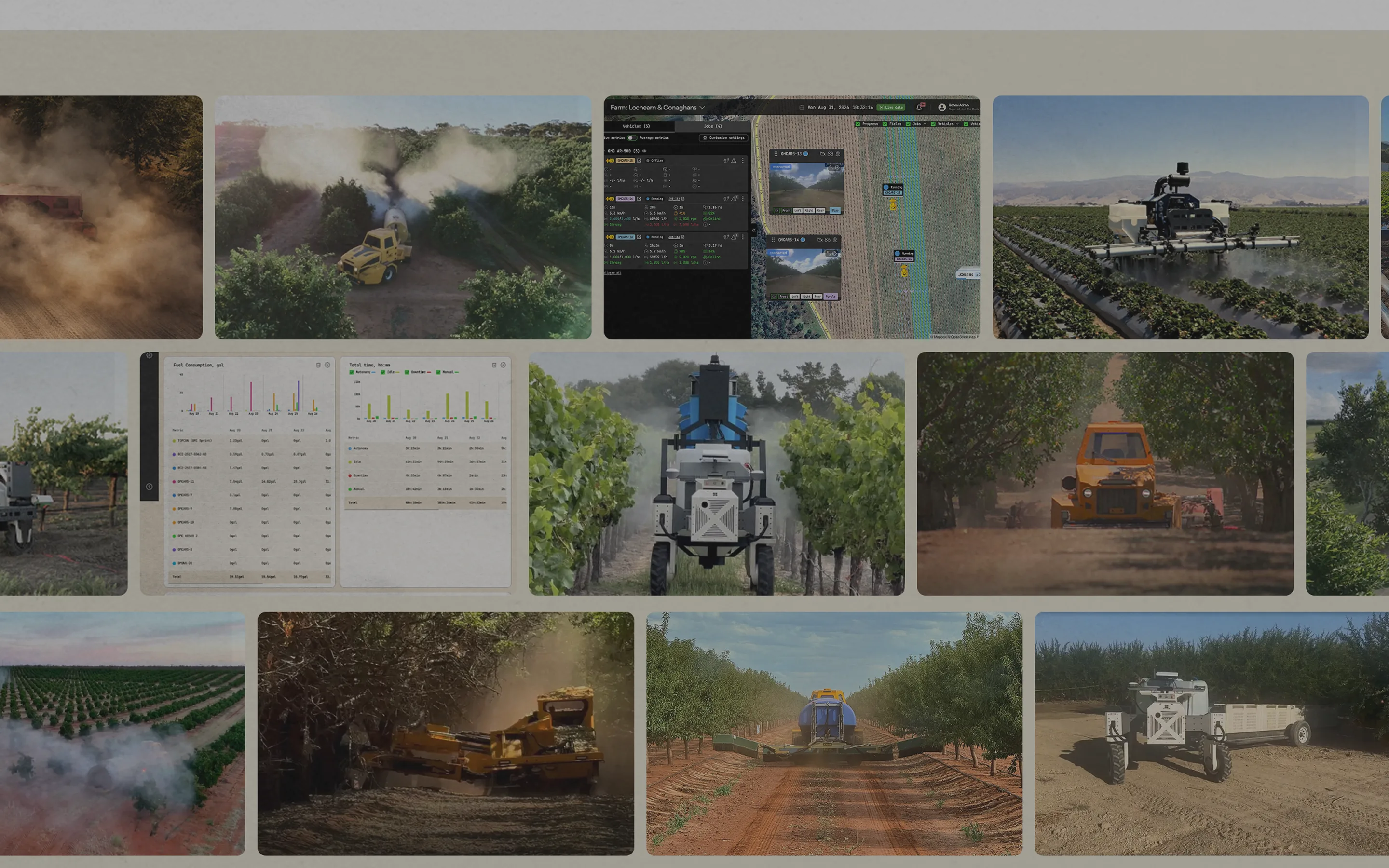 The Bonsai Robotics team standing in a field alongside autonomous farm equipment